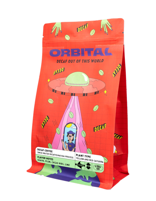 Shop Orbital Decaf Coffee—specialty-grade, Swiss Water Process beans with bold flavor and zero caffeine. Jitter-free, chemical-free, and out of this world.