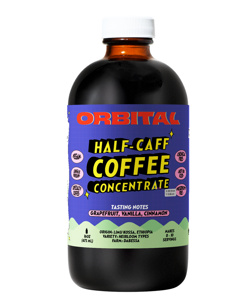 Half-Caff Cold Brew Coffee concentrate made with single origin and fair trade specialty coffee beans from Colombia. Expect flavor notes of grapefruit, vanilla and cinnamon 