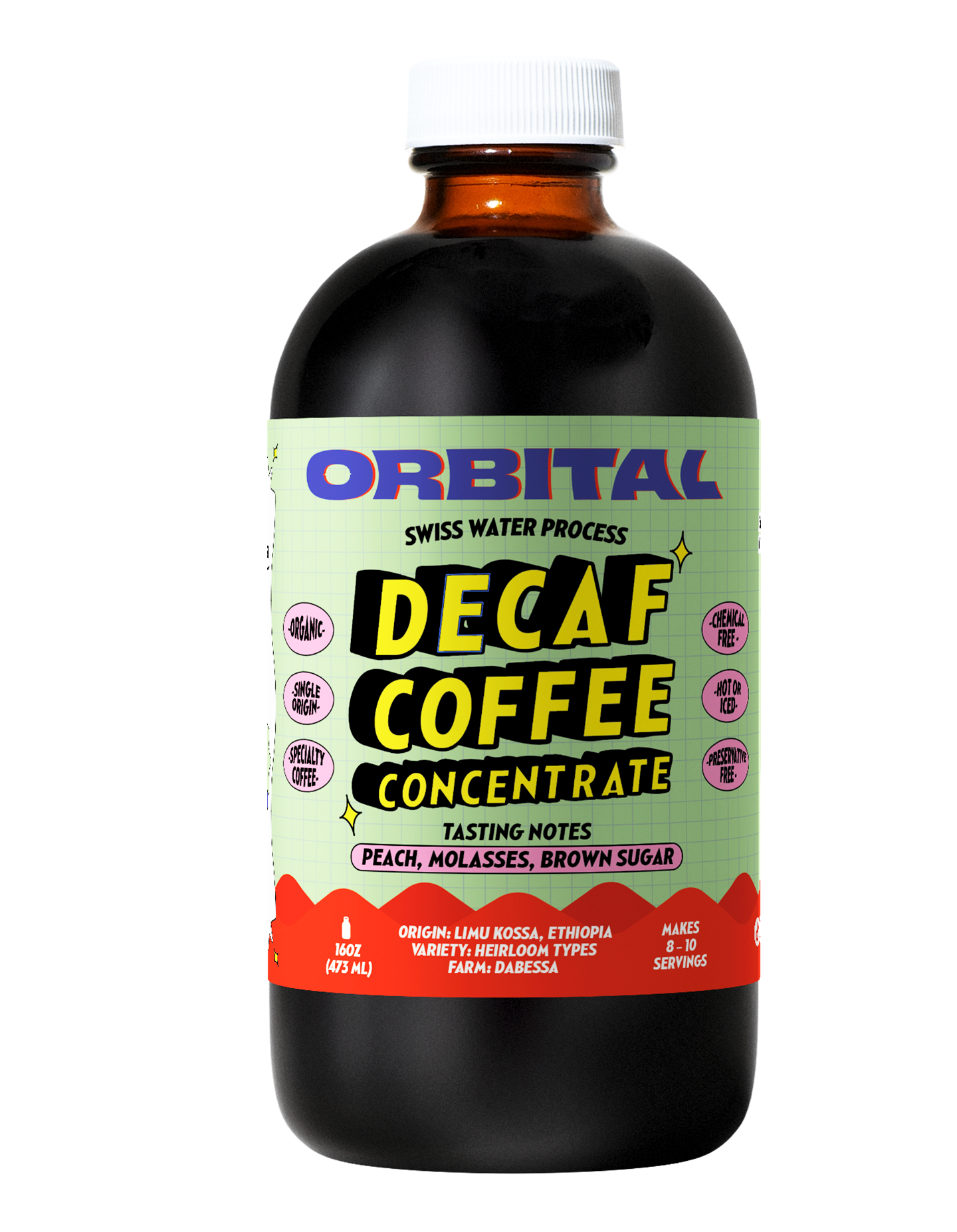 Decaf Cold Brew Coffee Concentrate made with Organic and Chemical-Free Swiss Water processed coffee beans from Ethiopia. 